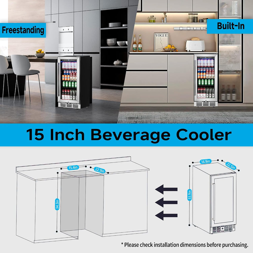 Feelfunn 15 Inch Beverage Refrigerator Under Counter - 126 Cans Beverage Fridge with Glass Door for Beer Wine Soda - Built-in or Freestanding Wine Cooler with Safety Lock for Home Kitchen Bar