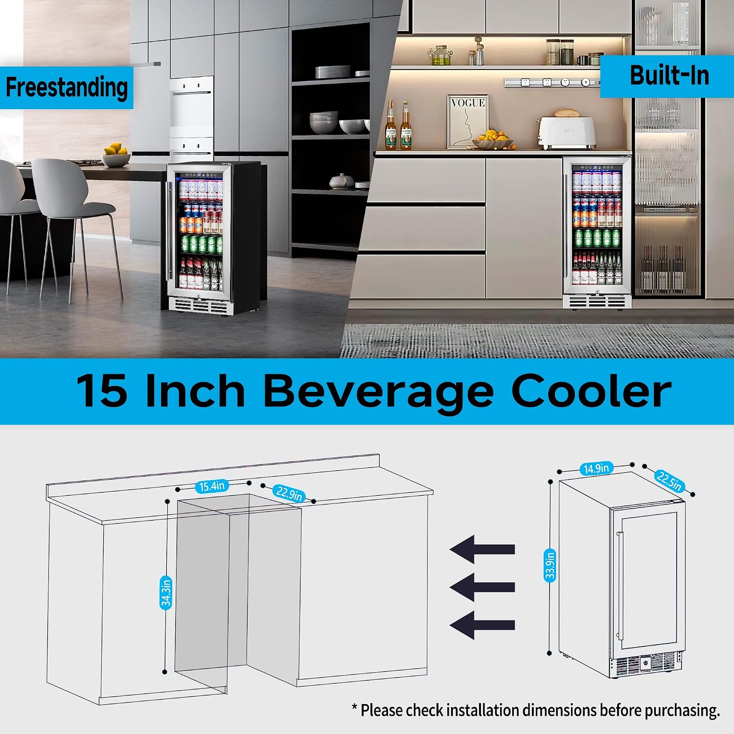 Feelfunn 15 Inch Beverage Refrigerator Under Counter - 126 Cans Beverage Fridge with Glass Door for Beer Wine Soda - Built-in or Freestanding Wine Cooler with Safety Lock for Home Kitchen Bar