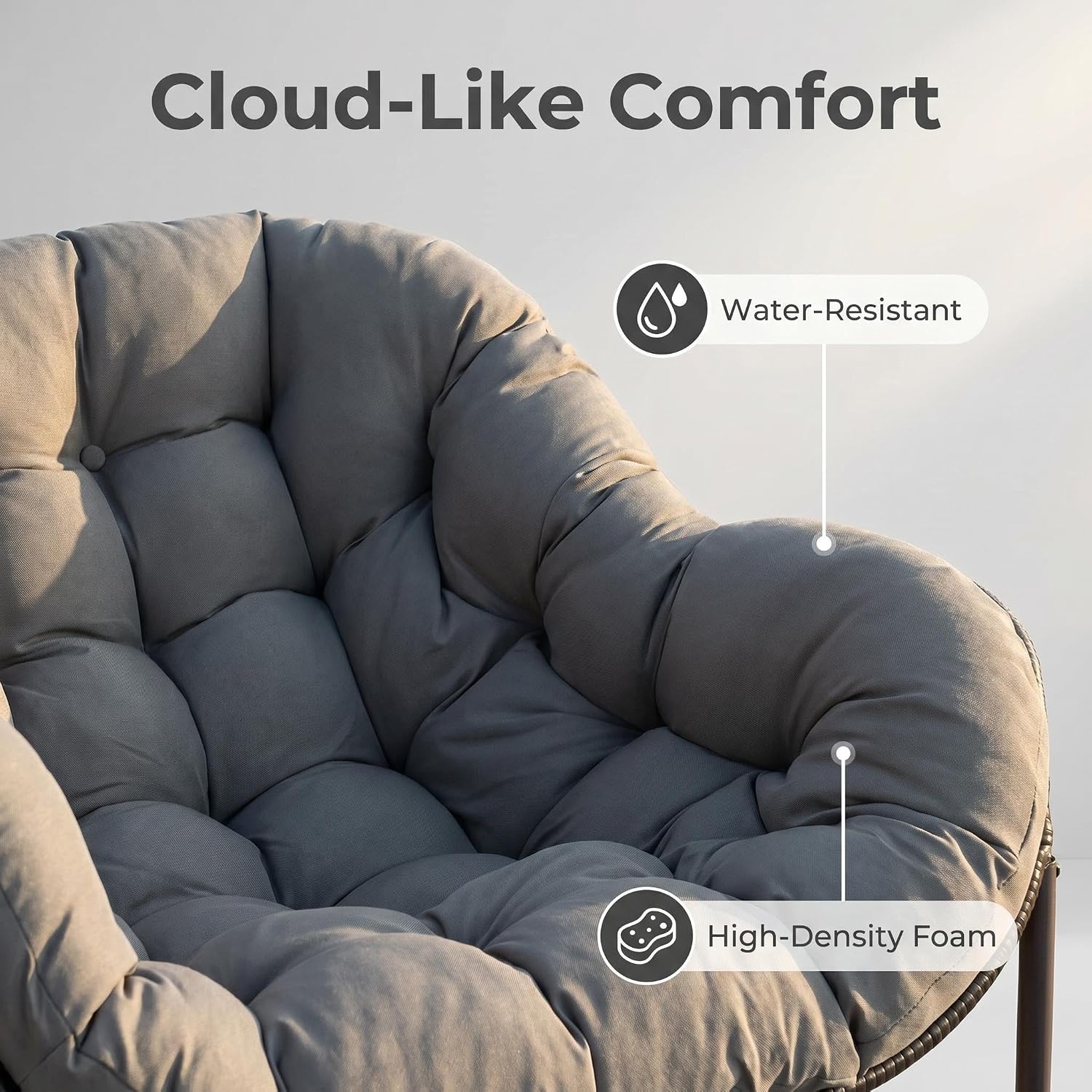 Papasan Rocking Chair Outdoor, Oversized Patio Rocking Chair with Cushions & Steel Frame, Wicker Egg Lounge Chair Indoor, Comfy Reading Chair for Patio, Deck, Porch (Grey, Style 1)