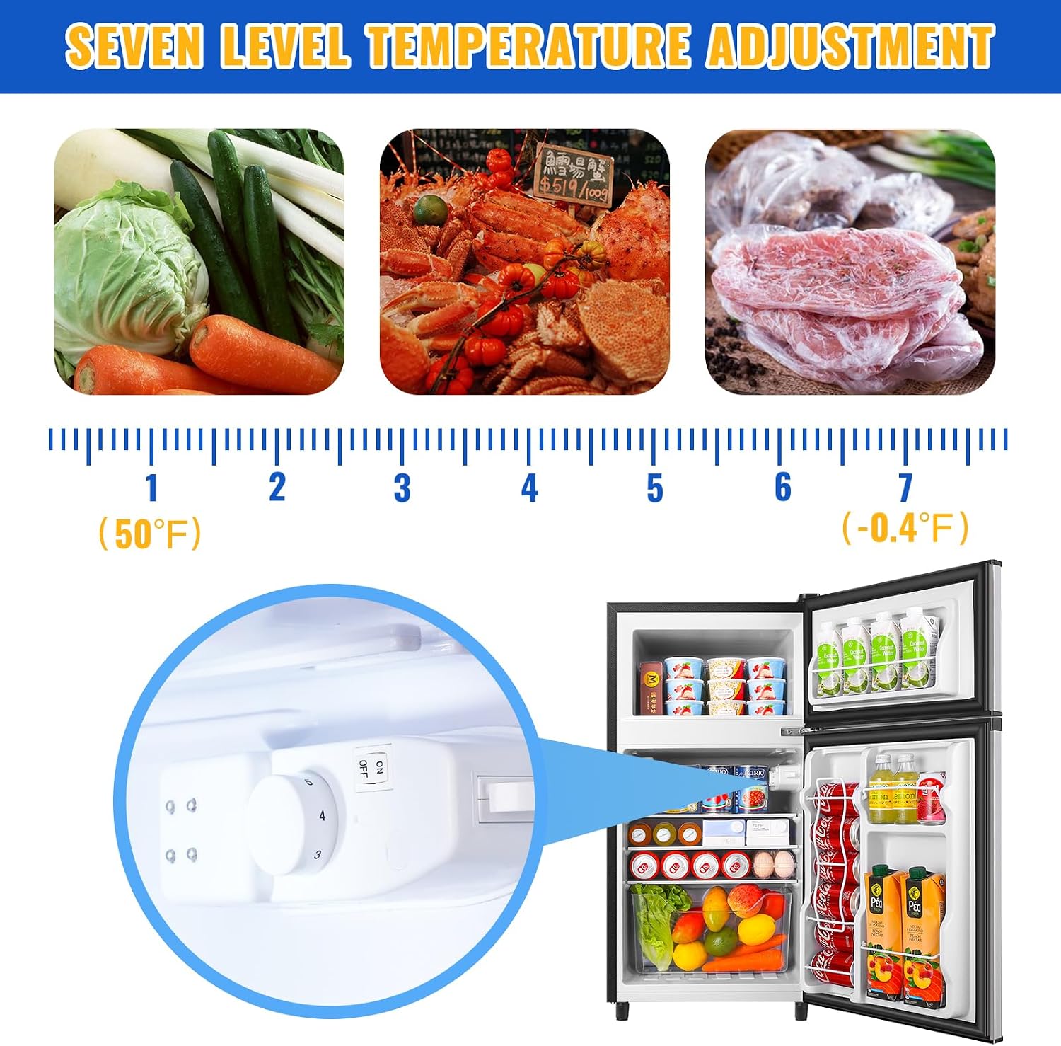 WANAI 100L Mini Fridge with Freezer Compact Refrigerator with Freezer, 7 Level Adjustable Thermostat and 2 Removable Shelves Freestanding Small Refrigerator for Office Dorm Apartment (Silver)