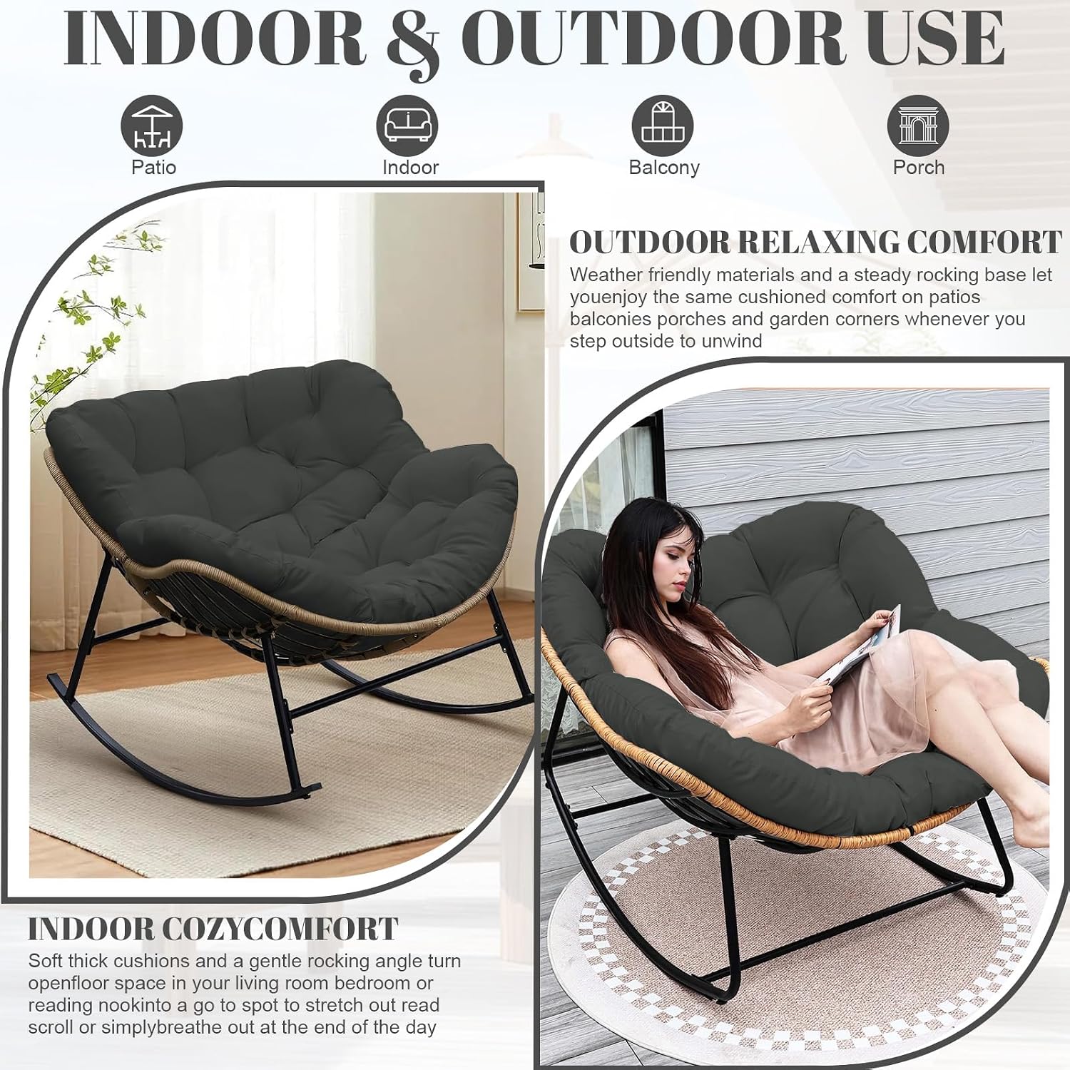 Thickened Waterproof Papasan Rocking Chair Cushion, 6.3'' Patio Egg Chair Pad with Ties, Outdoor/Indoor Rattan Hammock for Porch, Garden, Balcony(Only Cushion not Chairs) (Dark Grey)