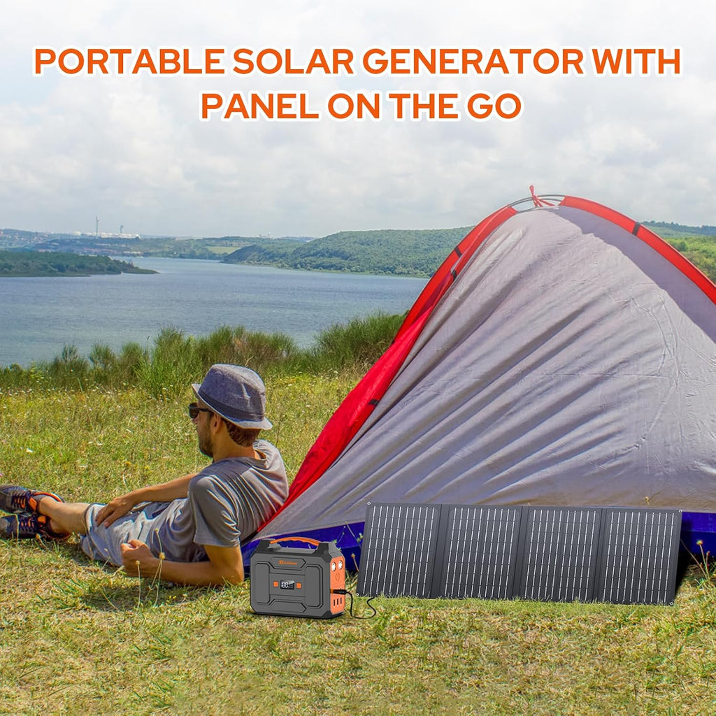 Solar Power Station with Foldable Solar Panel 40W, 110V AC Outlet Camping Portable Solar Generator with Panel, 100W Power Bank USB C Fast Charging Battery Pack for Laptop Smart Device Outdoor Backup