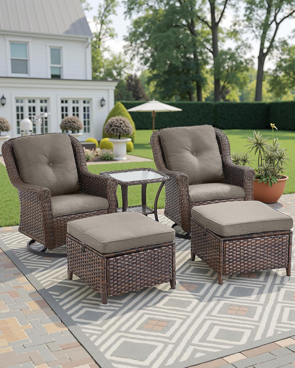 3 Piece Patio Swivel Chairs and Side Table Set - High Back Outdoor Brown Wicker Rattan Rocking Glider with Thick Cushions for Porch Apartment Deck Yard Poolside Garden - Grey