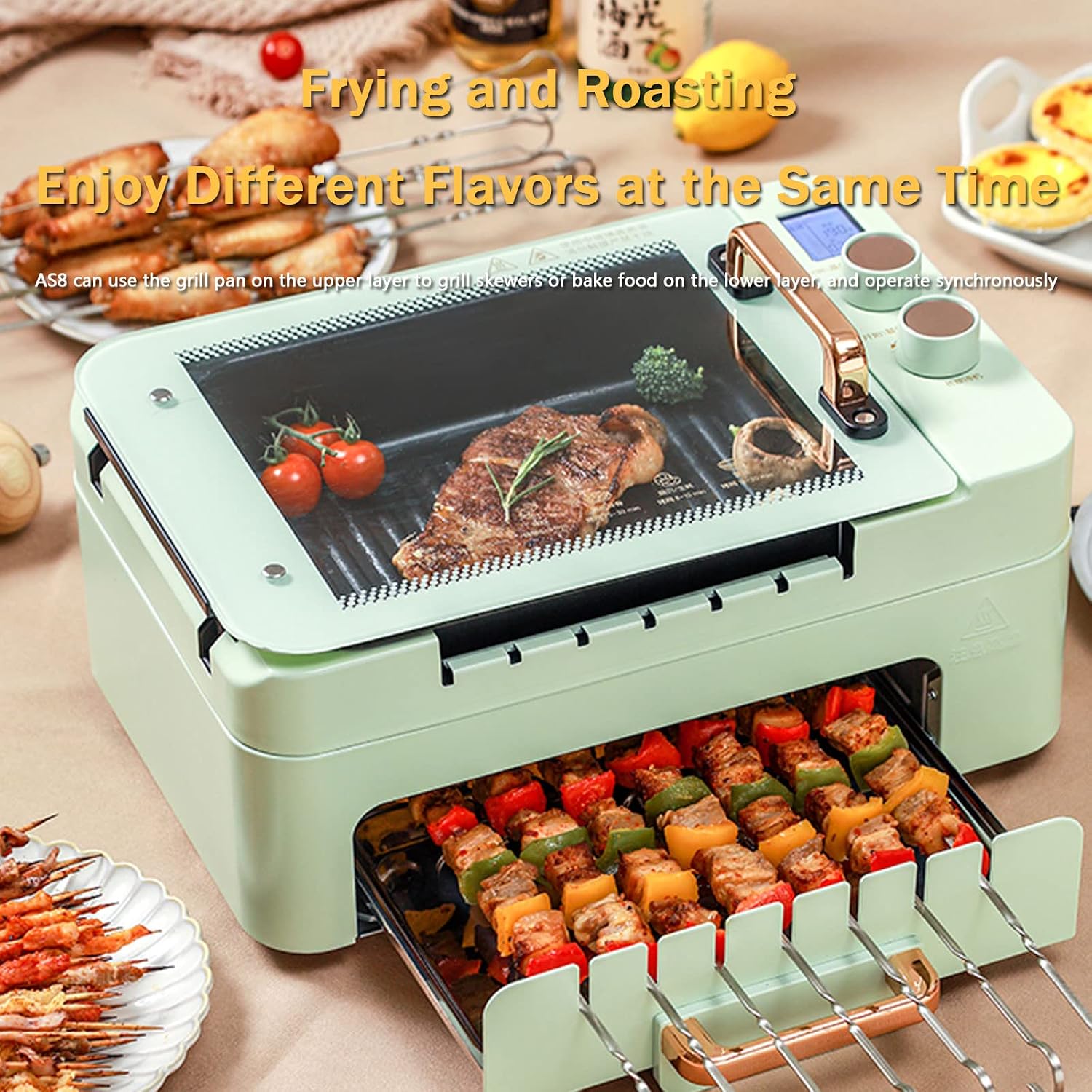 Multipurpose Hot Plate Grill Double Layer, Smokeless Electric Grill, 1000W Health BBQ Grill with Adjustable Temperature, Drip Tray, Easy Clean Table Barbecue Grill for Outdoor Indoor Barbecue,White