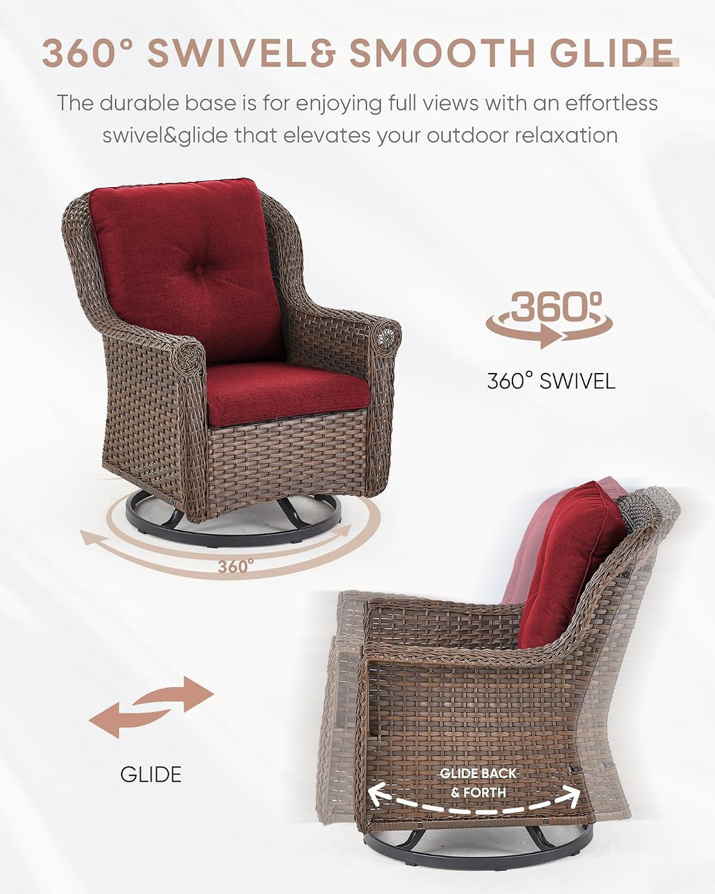 Patio Chairs Outdoor Swivel Glider - Set of 4 High Back Outside Brown Wicker Rattan Rocking Chair with Thick Cushion for Porch Apartment Deck Yard Poolside Garden - Red