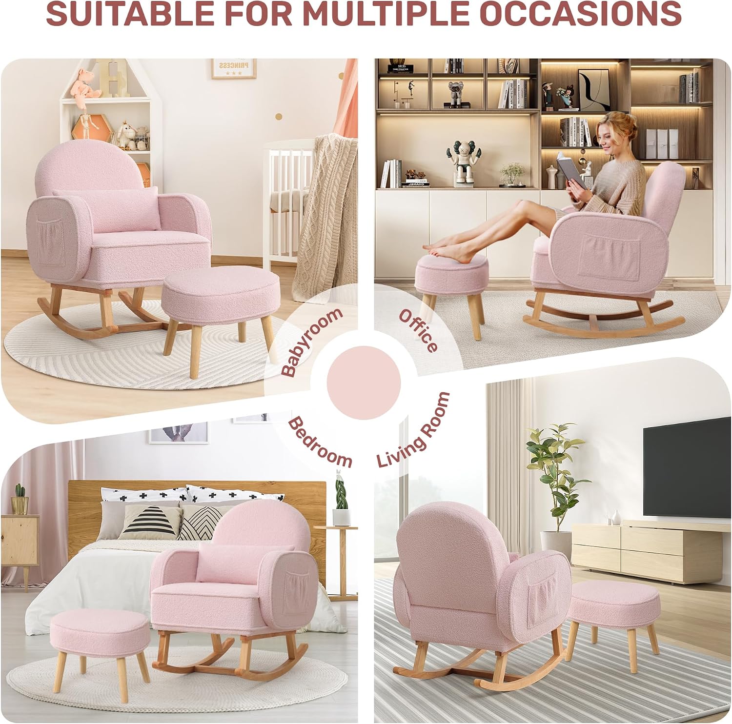 HCHAIRH Rocking Chair Nursery with Ottoman, Upholstered Glider Rocker with High Backrest and Side Pocket, Rocking Accent Armchair with Solid Wood Legs for Nursery/Living Room/Bedroom Pink
