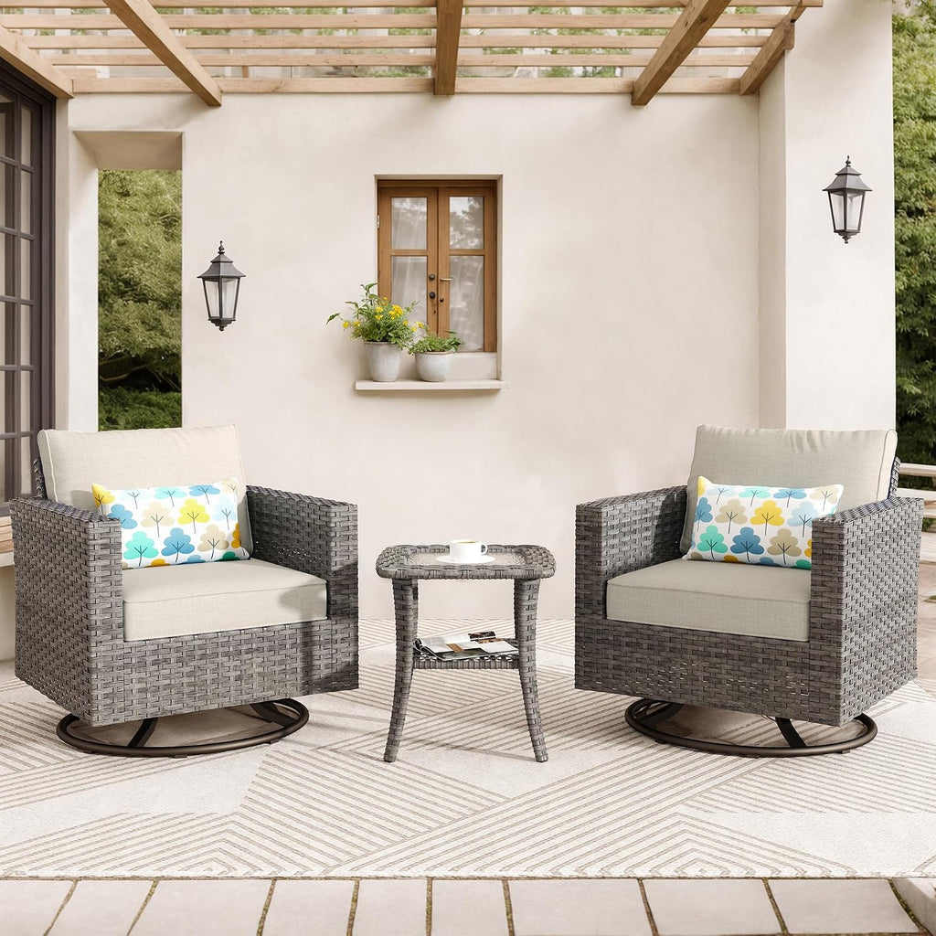 ovios 3 Pieces Patio Swivel Chairs with Side Table, Outdoor Wicker Rocking Chairs of 2 with Comfy Cushions, Rattan Glider Rocker Bistro Set for Porch Deck, Beige