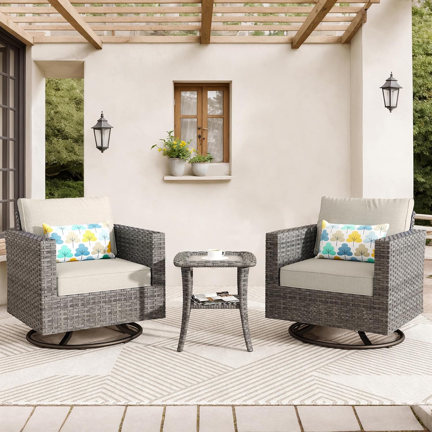 ovios 3 Pieces Patio Swivel Chairs with Side Table, Outdoor Wicker Rocking Chairs of 2 with Comfy Cushions, Rattan Glider Rocker Bistro Set for Porch Deck, Beige