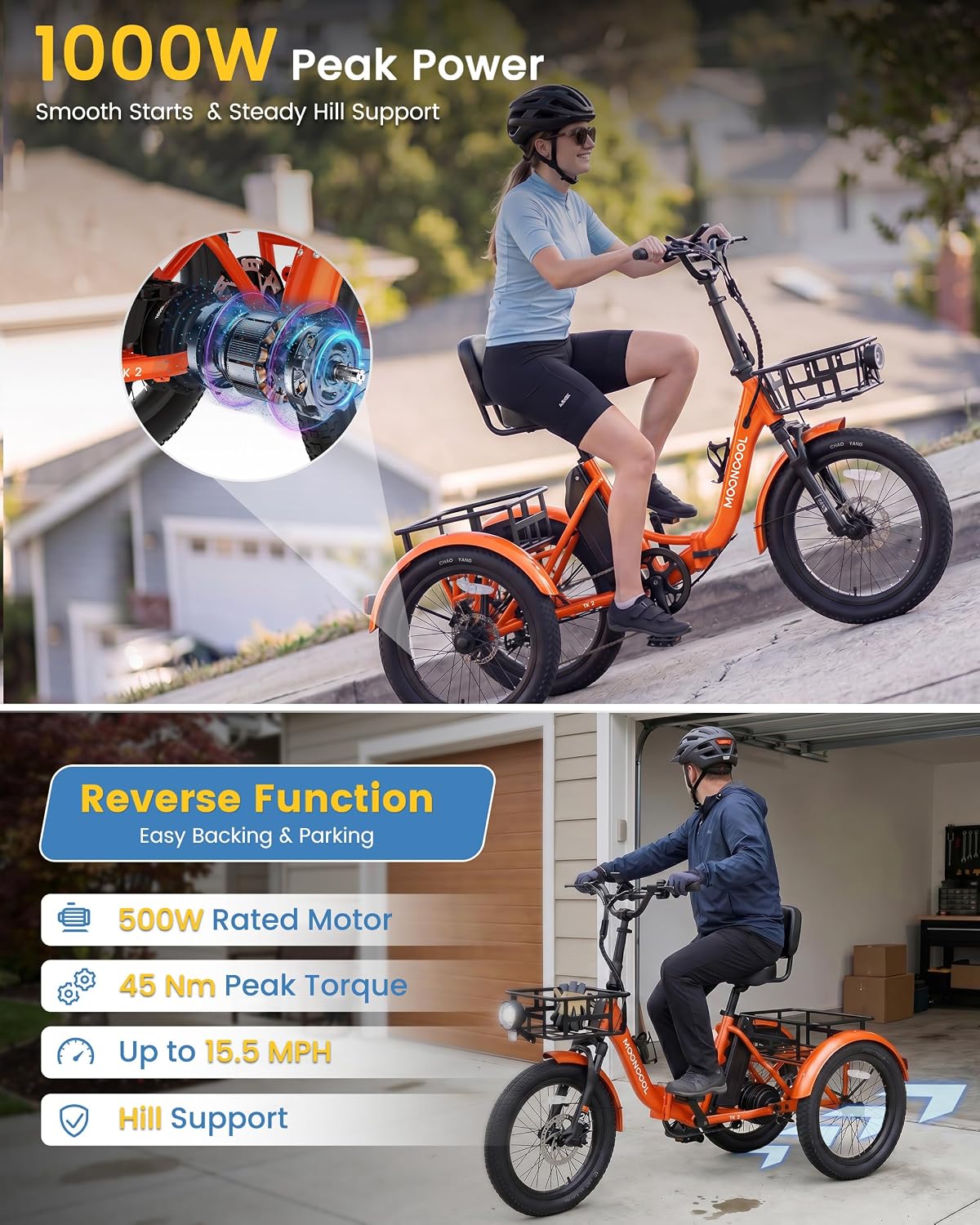 MOONCOOL Electric Trike for Adults, 500W/750W 48V Electric Tricycle for Adults, 20'x3.0' Fat Tire 3 Wheel Electric Bike, Folding Aluminum Adult Tricycle with Removable Battery