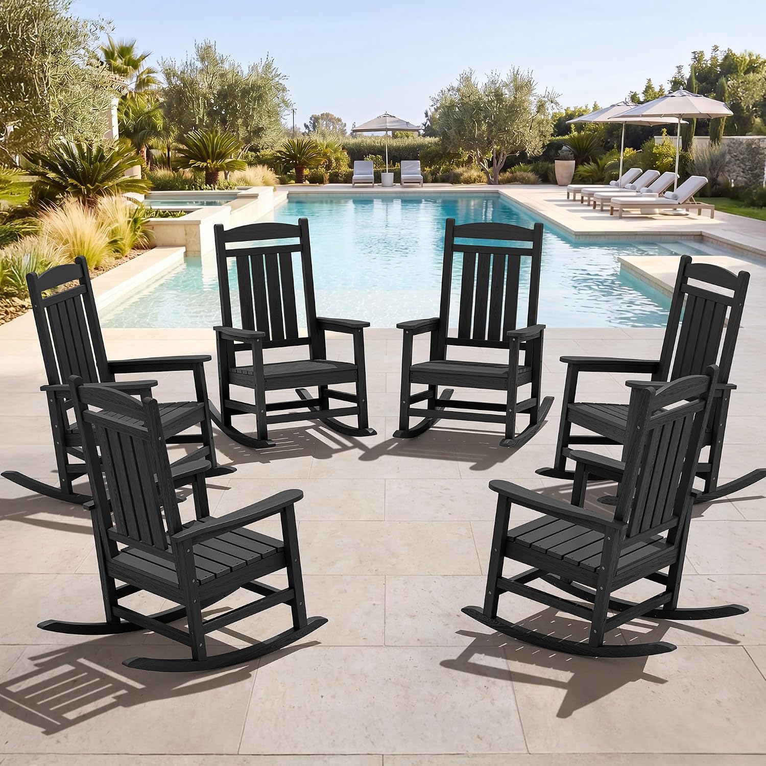 SERWALL Oversized HDPE Outdoor Rocking Chair Set of 6, Patio Rocking Chairs, All-Weather Porch Rockers for Adults, Black