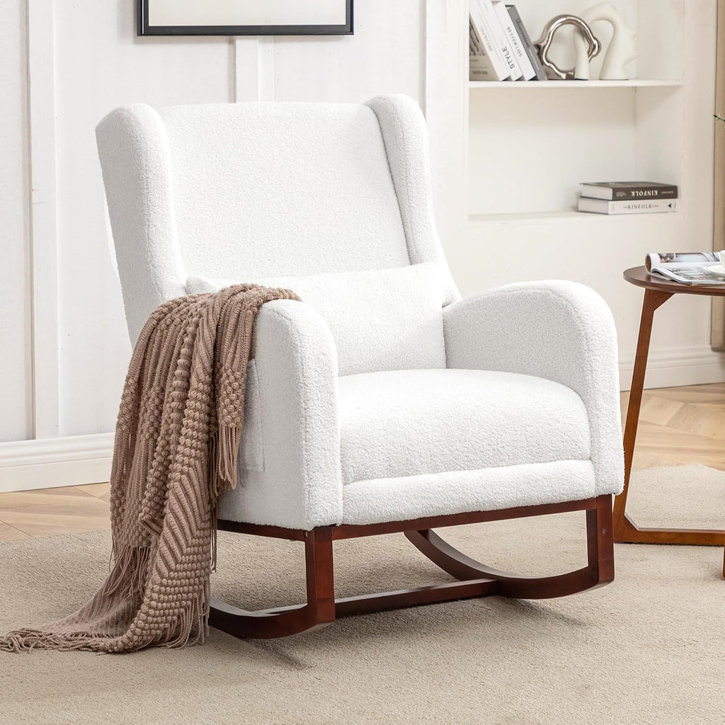 HCHAIRH Rocking Chair Nursery with Foot Rest, Wingback Nursery Rocking Chairs Sherpa Nursing Chairs Glider Rocker with Pillow for Living Room, Bedroom, Teddy White