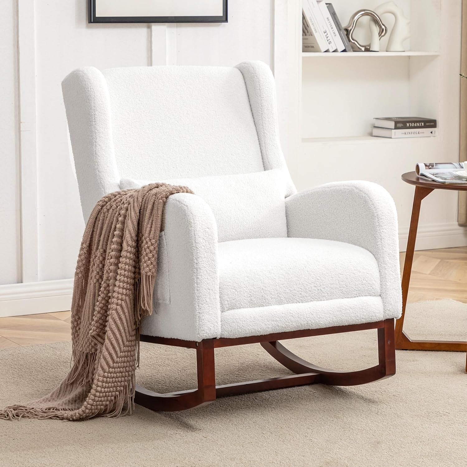 HCHAIRH Rocking Chair Nursery with Foot Rest, Wingback Nursery Rocking Chairs Sherpa Nursing Chairs Glider Rocker with Pillow for Living Room, Bedroom, Teddy White
