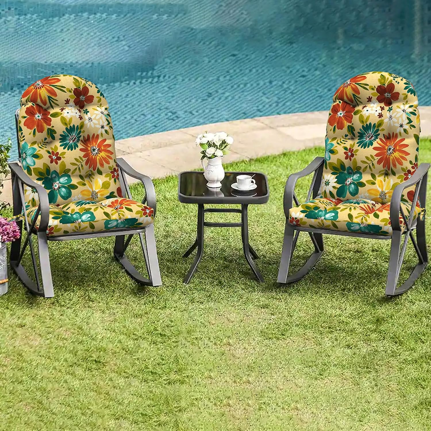 LVTXIII 2 Pack Outdoor Adirondack Chair Cushions, 44x19x4 Inch Water Repellent Patio Cushions for Rocking Chairs, Thick Tufted High Back Seat Cushion Set, Floral Multi