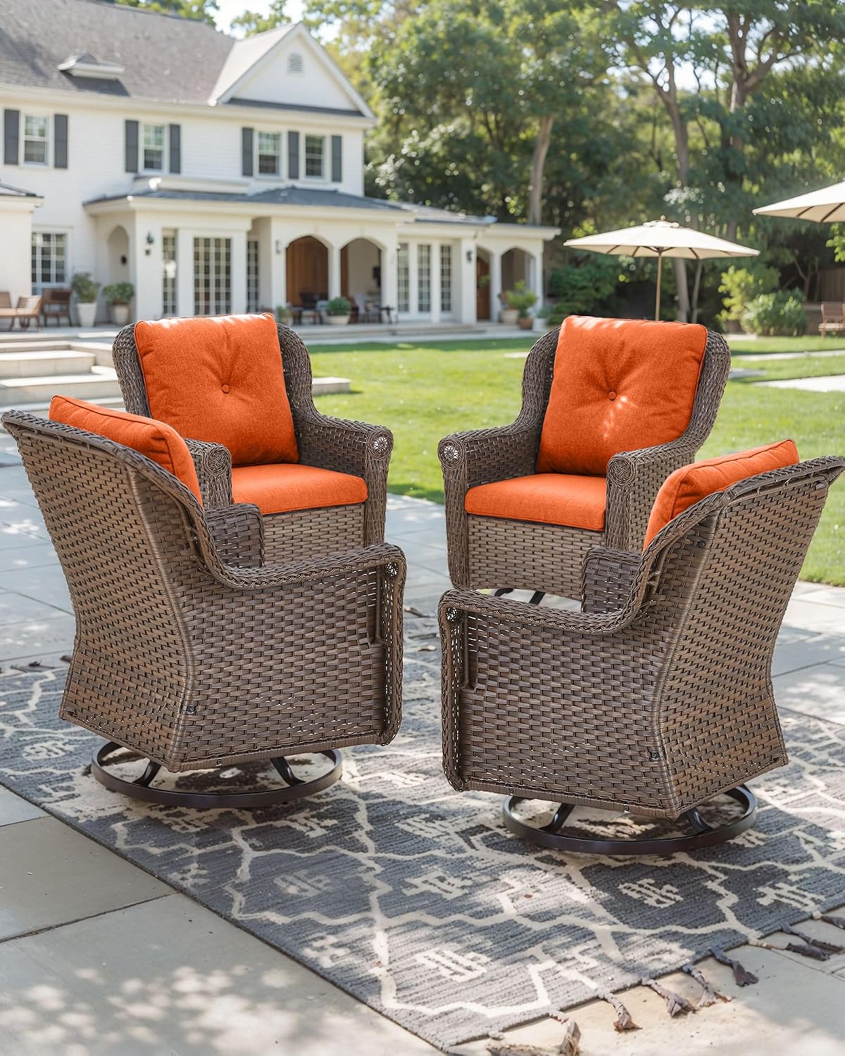 Patio Chairs Outdoor Swivel Glider - Set of 4 High Back Outside Brown Wicker Rattan Rocking Chair with Thick Cushion for Porch Apartment Deck Yard Poolside Garden - Orange