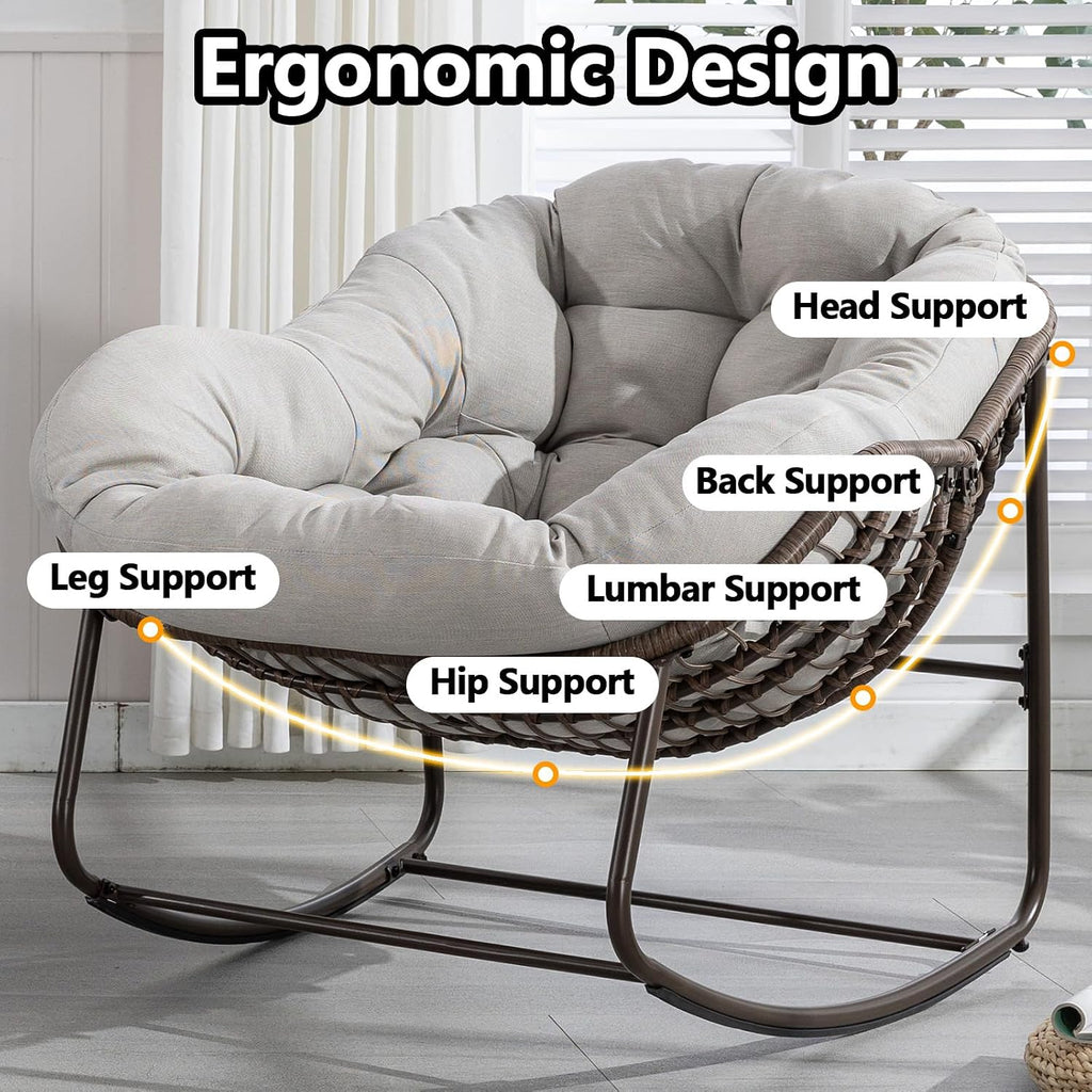 HRVEOCEI Papasan Rocking Chair with Cushion and Frame, Oversized Rocking Chair Indoor/Outdoor, Circle Chairs for Patio Garden Front Porch, Corduroy/Velvet (Beige)