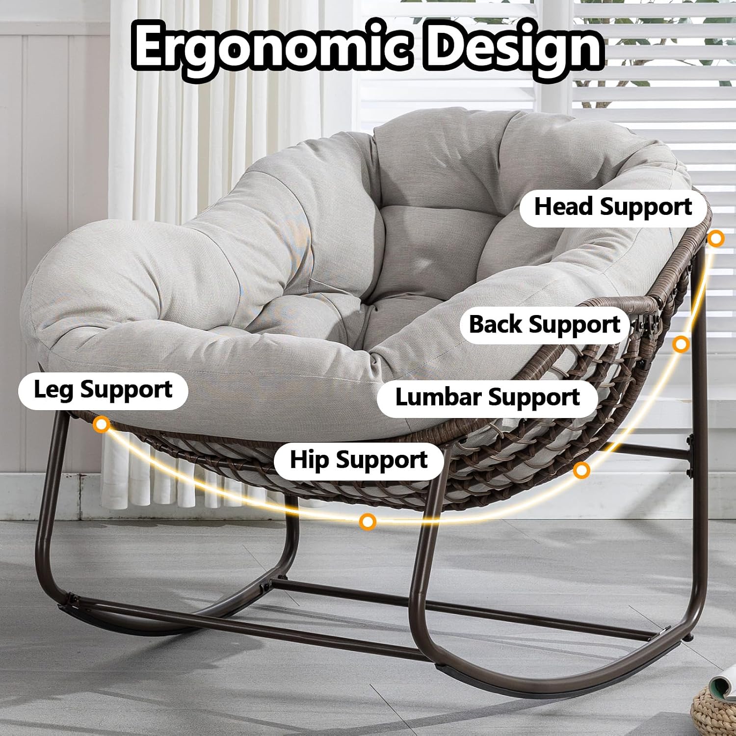HRVEOCEI Papasan Rocking Chair with Cushion and Frame, Oversized Rocking Chair Indoor/Outdoor, Circle Chairs for Patio Garden Front Porch, Corduroy/Velvet (Beige)