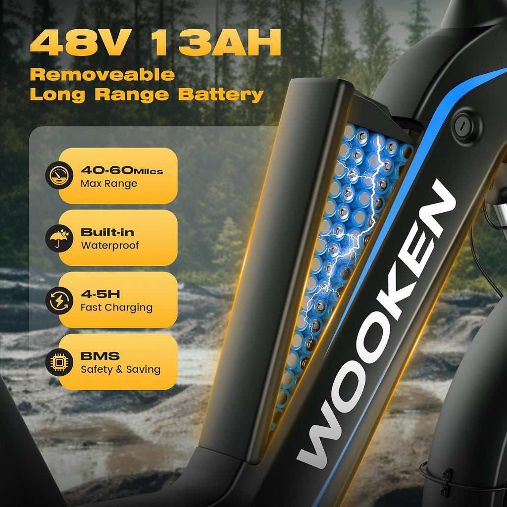 Wooken Electric Bike for Adults, 48V 624Wh Removable Battery Ebike with 60 Miles Long Range, 1000W Peak Brussless Motor, 20×4.0' Fat Tire E Bike,Step-Thru Electric Bicycle, SGS Certified to UL 2849