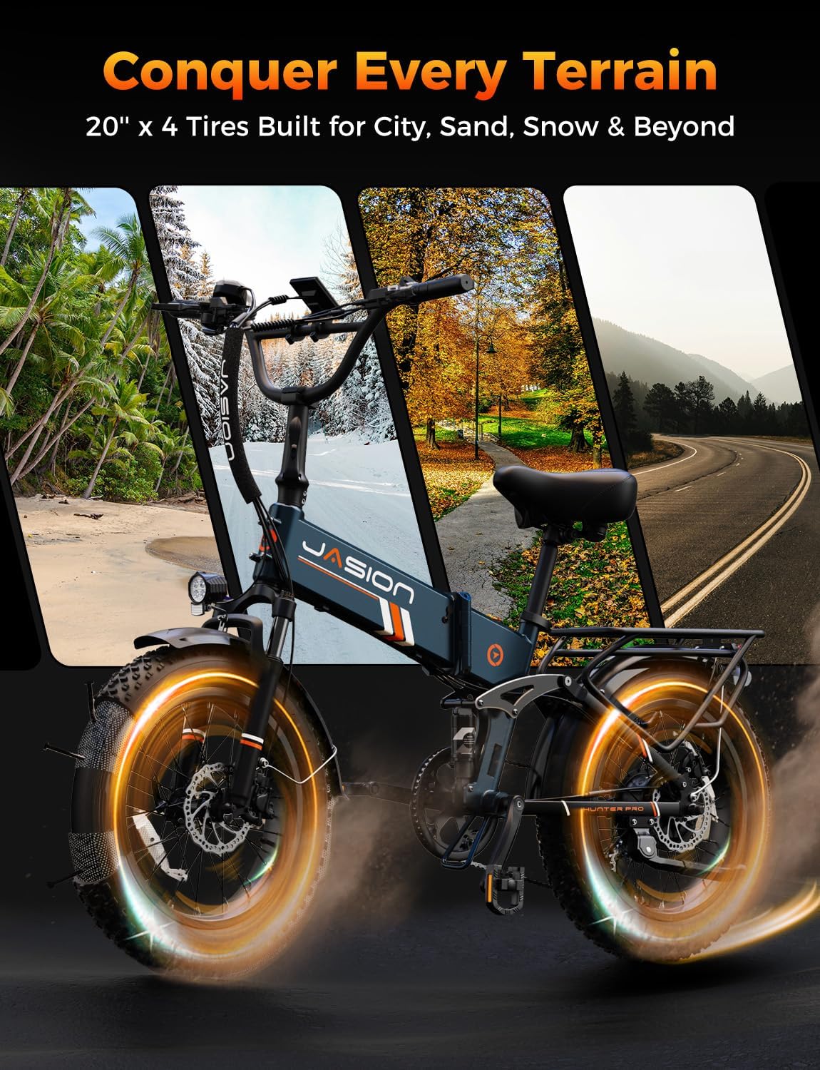Jasion Hunter Pro Electric Bike for Adults,1800W Peak Motor 80 Miles,up to 28MPH,720WH Removable Battery Foldable Ebike,App Control & Full Suspension,20''*4.0 Fat Tire,Dual Hydraulic Brakes Bicycle