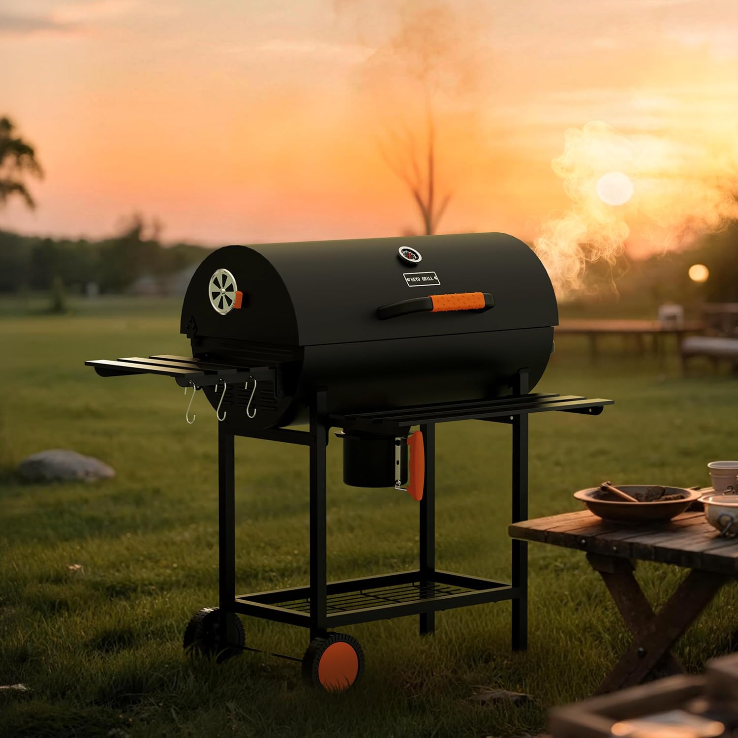 KEYO GRILL 29-Inch Barrel Charcoal Grill, Heavy duty BBQ Grill with Manual Rotisserie Meat Fork, Detachable Windproof Ash Collector Barbecue Smoker Grill Combo for Backyard, Patio and Parties