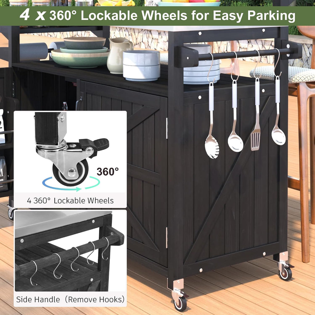 Unique 53.3' Outdoor Kitchen Island with Raised Shelf,Solid Wood Storage Cabinet with Stainless Steel Top,Rolling Grill Cart with Internal Storage Rack, Adjustable Shelf, Spice Rack (Black#e)