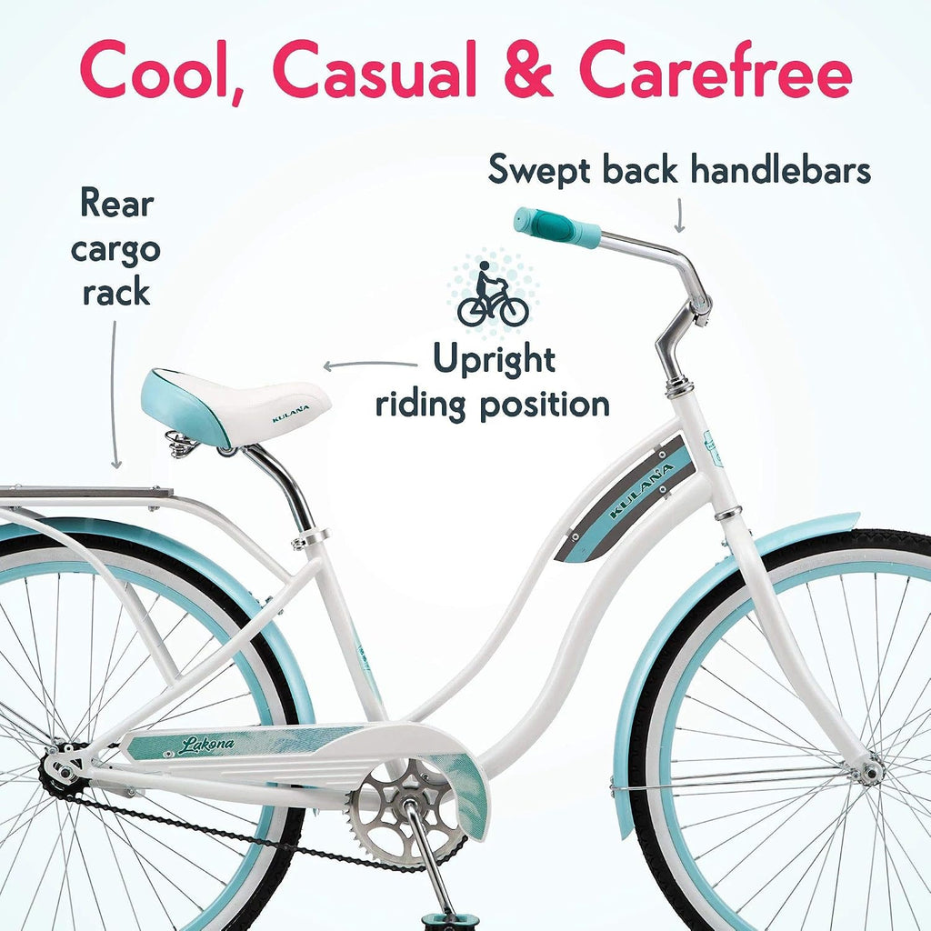 Kulana Lakona Shore, Tide or Wave Cruiser Bike, 20, 24 or 26 Inch Bike for Adults and Youth, 7 or Single Speed Beach Cruiser Bicycle, Rear Coaster Brake, Extra Wide, Cushioned Seat, Fenders