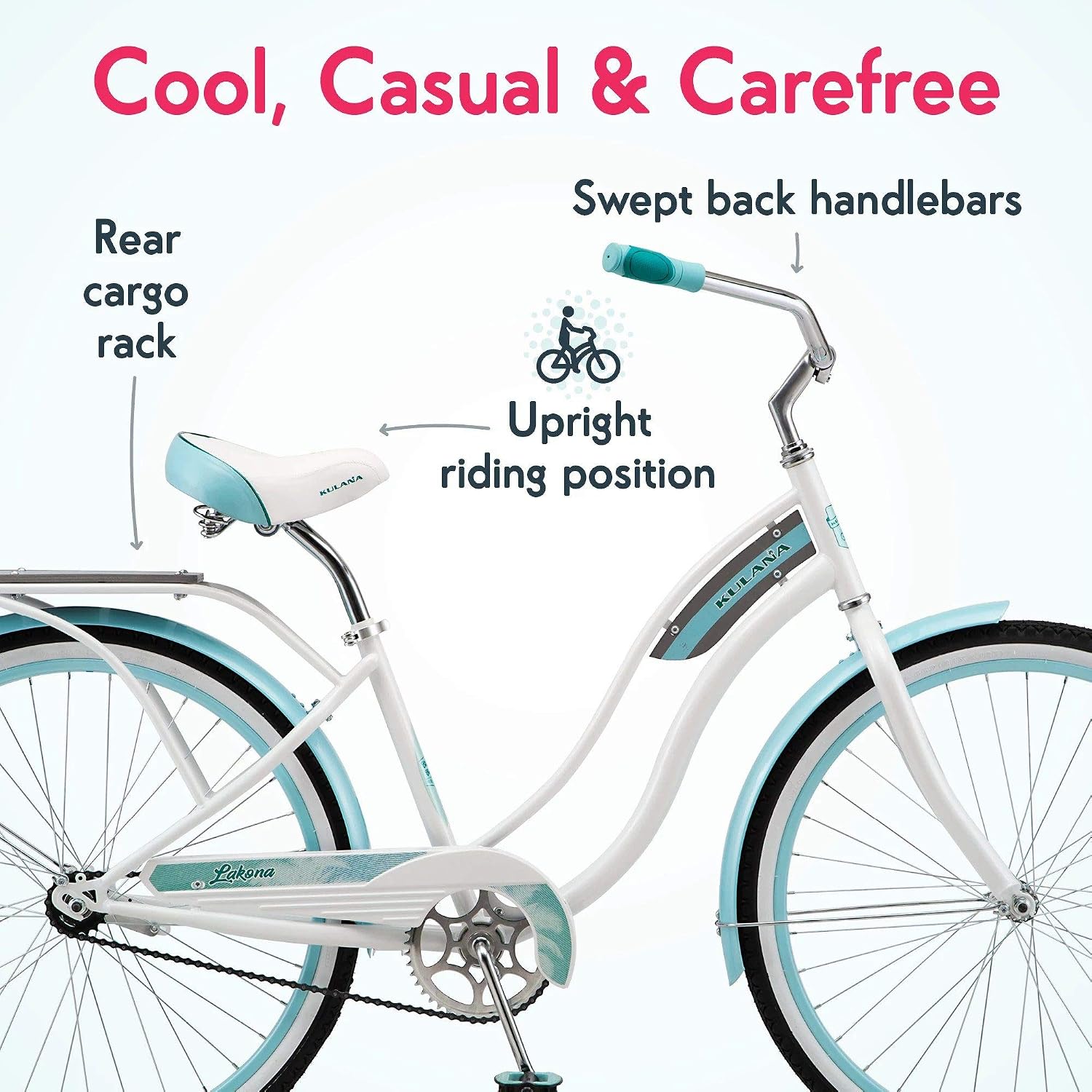 Kulana Lakona Shore, Tide or Wave Cruiser Bike, 20, 24 or 26 Inch Bike for Adults and Youth, 7 or Single Speed Beach Cruiser Bicycle, Rear Coaster Brake, Extra Wide, Cushioned Seat, Fenders