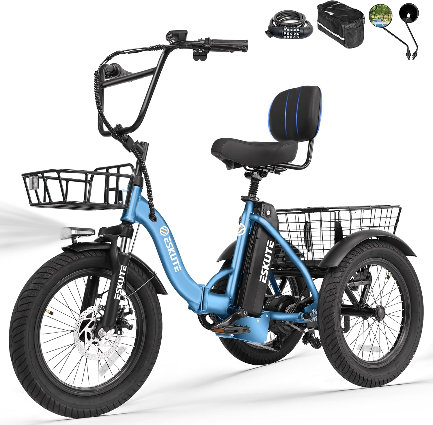 ESKUTE E Trike Electric Bike, Peak 1200W Brushless Motor Folding Trike 18X3.0 Fat Tire Ebike, 624Wh Removable Battery, Step-Thru 3 Wheel Electric Bicycle, Up to 55 Miles, 18MPH+ Tricycle for Adults