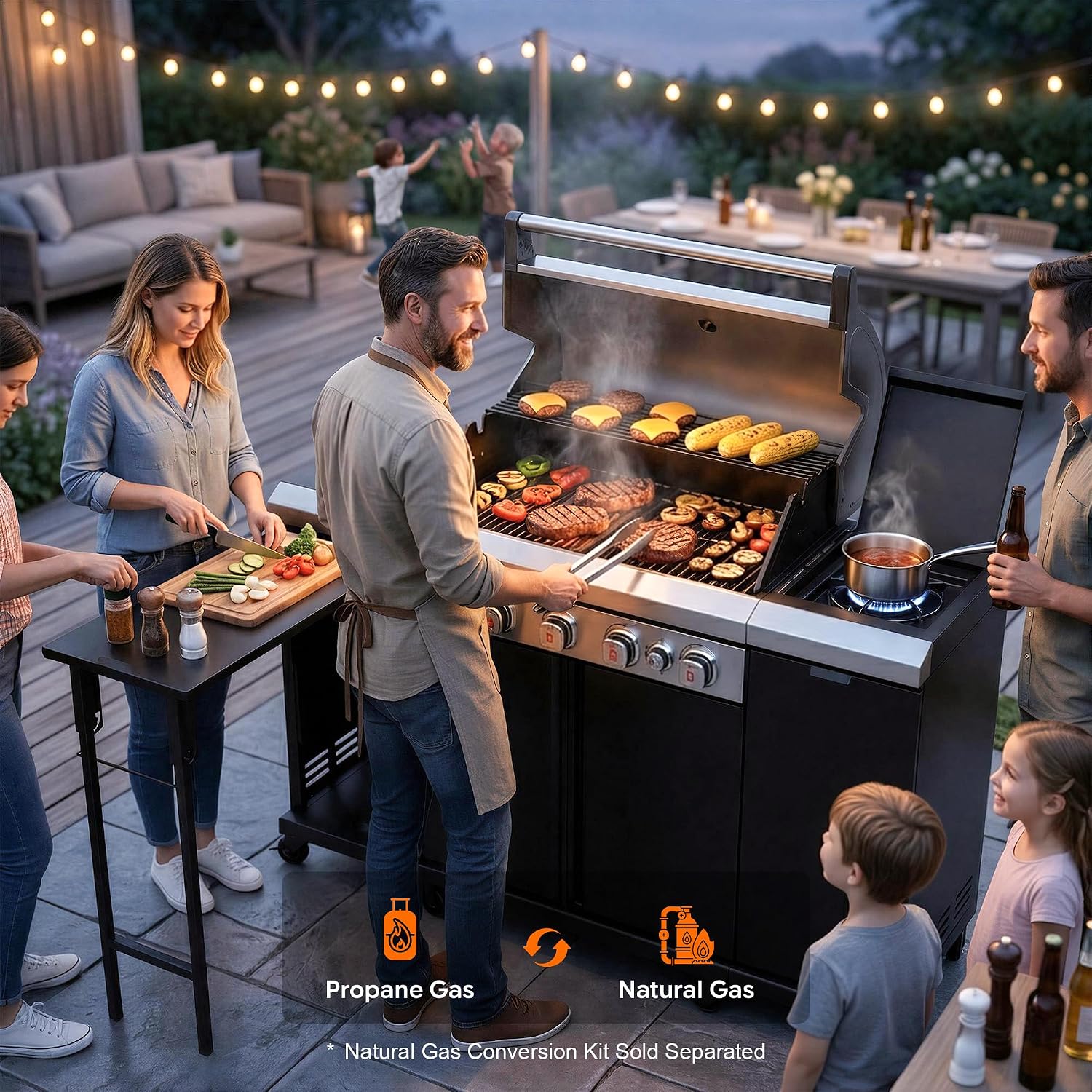 Brand-Man Propane Gas Grill Island Outdoor Kitchen & Storage Cabinets, 52000 BTUs Stainless Steel Burner Patio Cooking BBQ Grill with Side Burner - Natural Gas Convertible, Black (5 Burner)
