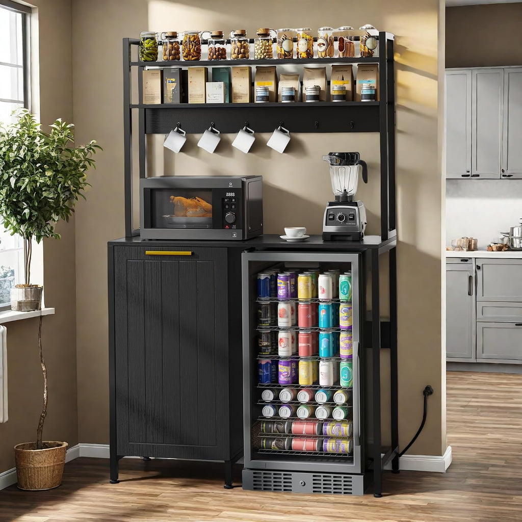 YITAHOME Farmhouse Pantry Cabinet with Built-in Trash Can Bin & Power Outlets, 4-Tier Bakers Rack for Mini Fridge, Microwave, Freestanding Storage Organizer for Kitchen, Black