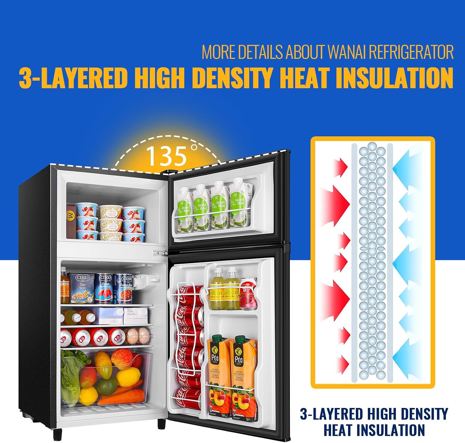 WANAI 3.5 Cu.Ft Mini Fridge With Freezer Freestanding Refrigerator with Freezer,7 Level Adjustable Thermostat Removable Shelves Small Refrigerator for Office Dorm Apartment Black