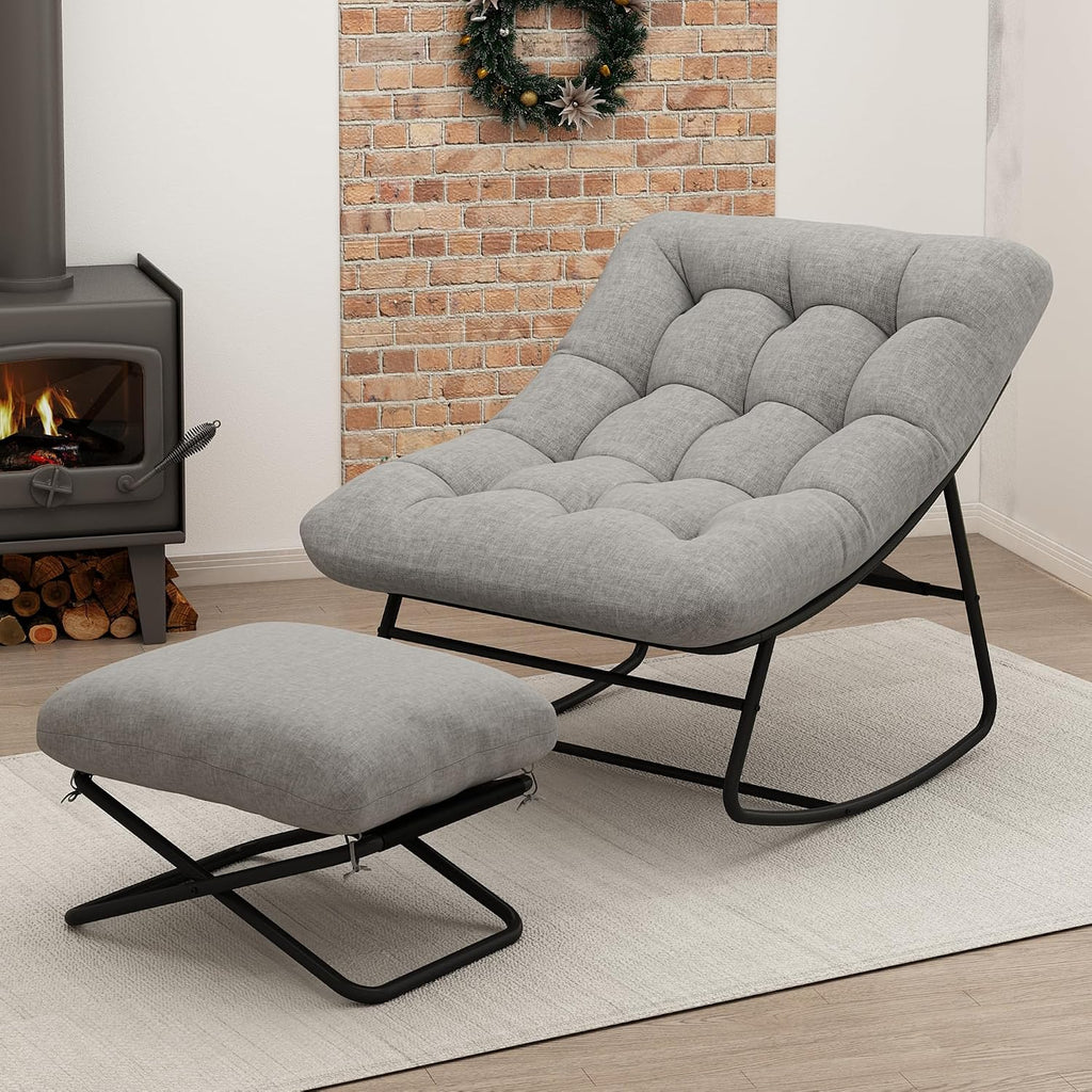 EazeHome Outdoor Rocking Chair with Footrest, Oversized Papasan Rocking Chair with Metal Frame&Cushion, Patio Egg Rocker Lounge Chair for Porch, Balcony, Bedroom, Living Room, Gray