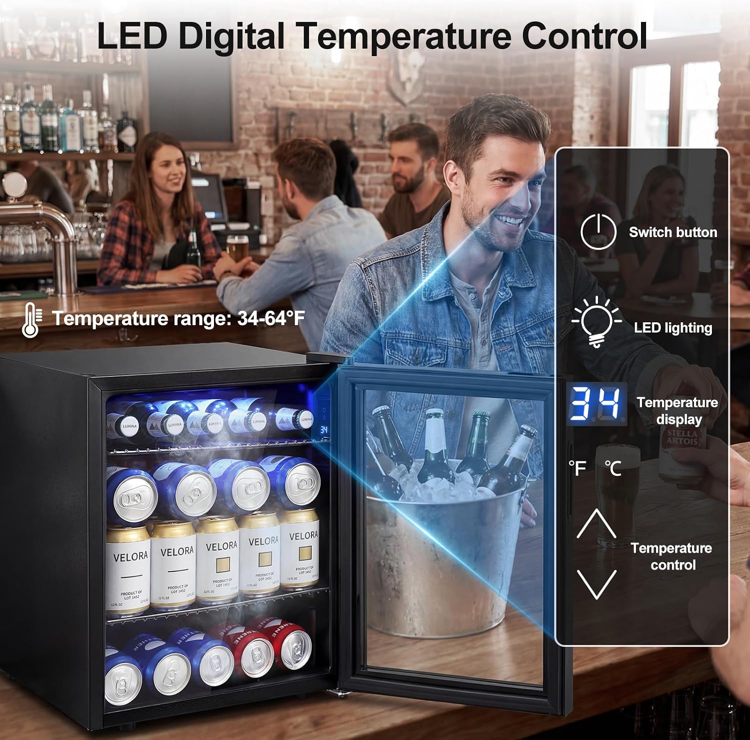 Mini Beverage Refrigerator - Small Beverage Fridge with Glass Door for Soda Beer Wine – Countertop Drink Cooler for Home, Dorm, Office or Bar, Electronic Temperature Control，1.4cu.ft.Black