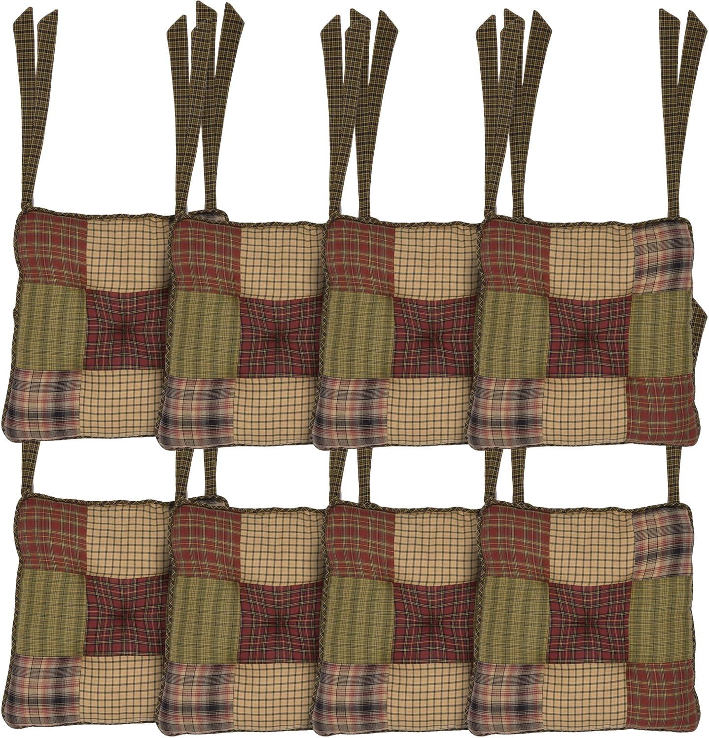 VHC Brands Tea Cabin Chair Pad Patchwork Log Cabin Country Rustic Lodge Design, Moss Green and Deep Red, Set of 8