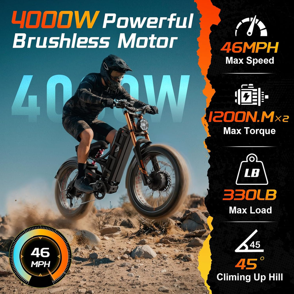 eAhora 2026 Romeo Pro 3/2 50-46Mph Electric Bike for Adults 5600W/4000W/2500W Dual Motor Ebike 60V/80Ah 52V/70Ah Long Range Fat Tire Full Suspension Electric Mountain Bicycle