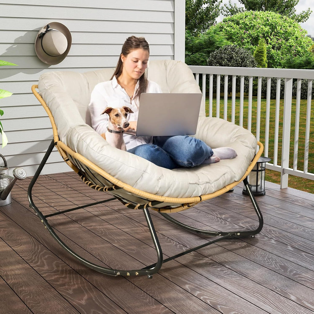 SLEERWAY Large Outdoor Indoor Patio Rocking Egg Chair, Oversized Papasan Chair Rocker with Cushion and Frame, Comfy Rattan Wicker Lounge Chair Outdoor Furniture for Porch Patio Garden Backyard, Beige
