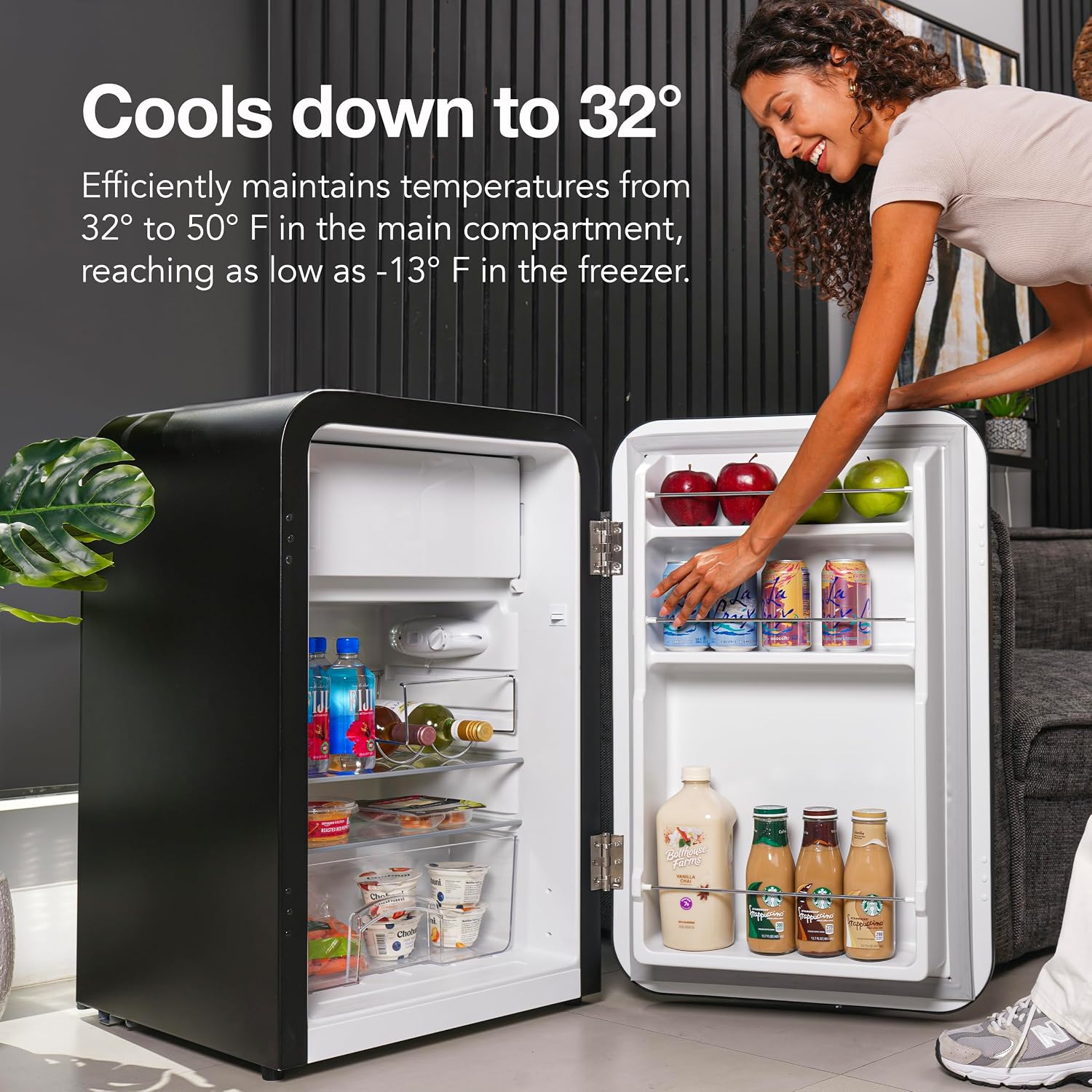 Cooluli Curve 3.8 cu ft Mini Fridge with Freezer - Small Refrigerator for Bedroom, Office, Dorm Room (Black, 3.2 cu.ft Refrigerator, 0.6 Freezer)