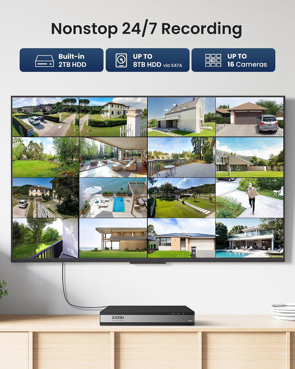 ZOSI 2MP 16CH Home Security Camera System Outdoor with AI Human Vehicle Detect, H.265+ 16CH DVR and 12 x 1080p Weatherproof Surveillance CCTV Bullet Dome Camera, 90° View Angle, Alert Push, 2TB HDD