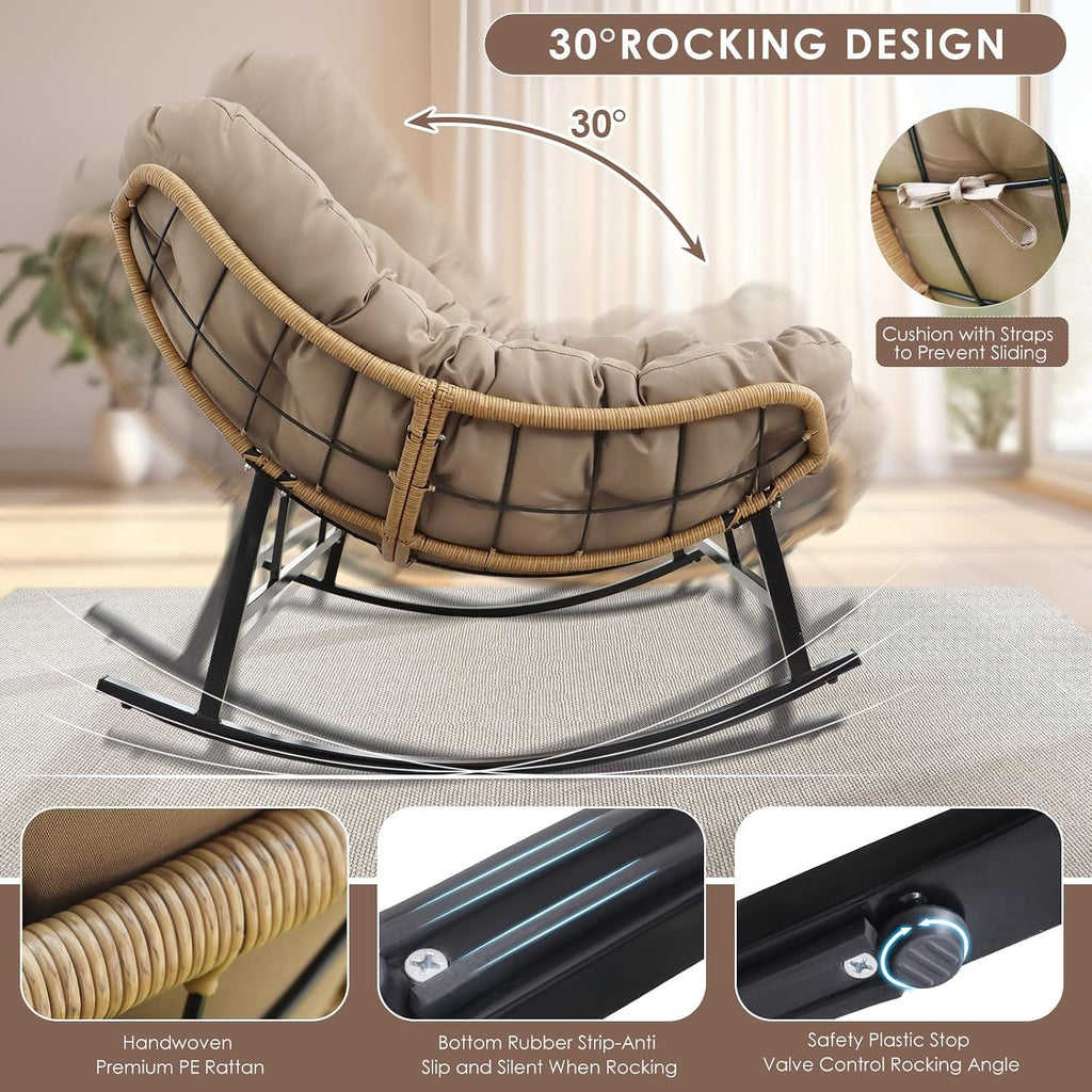 RADIATA Oversized Double Rocking Papasan Chair, Extra Wide Patio Rocker for 2 Adults, PE Wicker Egg Chair with Cushion, Heavy Duty Comfortable Outdoor Furniture for Garden, Balcony or Sunroom
