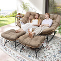 RADIATA Double Papasan Chair Outdoor with Cushion & Ottoman, 2 Person Oversized Rocking Lounge Chairs for Reading, PE Wicker, 700 lbs Heavy Duty, Comfy Loveseat Recliner for Patio Backyard Lawn Brown