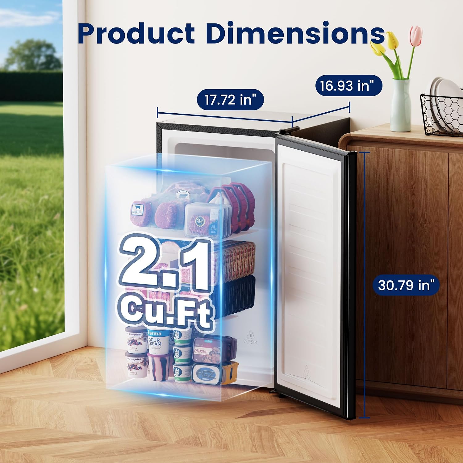 BANGSON 2.1 Cu.ft Upright Freezer, Compact Mini Freezer with Reversible Black Door, Adjustable Thermostat, Removable Shelves, Small Freezer for Dorm/Office/Apartment, Black