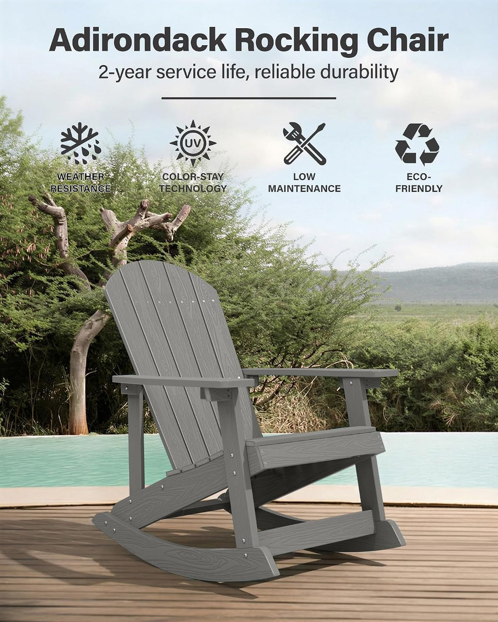 YEFU Outdoor Rocking Chair,Adirondack Rocking Chair,Patio Rocker Chair with Wide Back,Oversized Rocker Chair Look Like Real Wood, for Lawn, Porch, Backyard, Indoor and Garden(Grey)