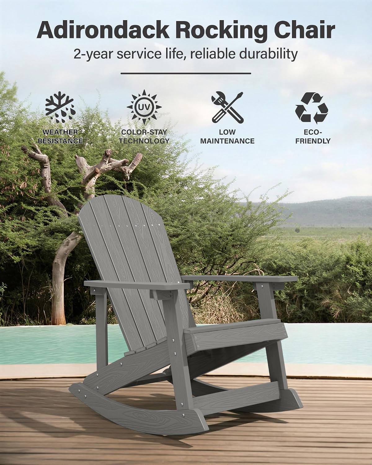 YEFU Outdoor Rocking Chair,Adirondack Rocking Chair,Patio Rocker Chair with Wide Back,Oversized Rocker Chair Look Like Real Wood, for Lawn, Porch, Backyard, Indoor and Garden(Grey)
