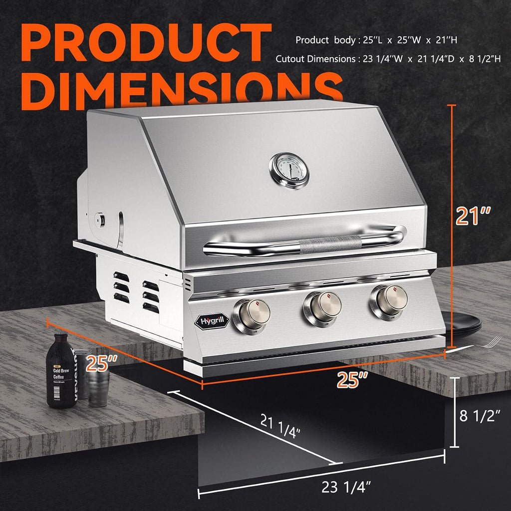 Hygrill STD Series Heavy Duty 3-Burner Built In Grill, Stainless Steel Grill Head for Outdoor Kitchen, Liquid Propane