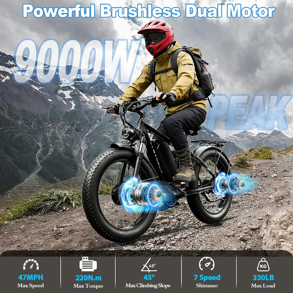 9000W Peak Electric Bike,58V Max-Output Dual Motor Ebike for Adults, 47MPH 1856Wh Fast E Bike,Up to 105Miles 24' x4.0 Fat Tire Full Suspension Mountain E Bicycle for Sand Beach Commuter