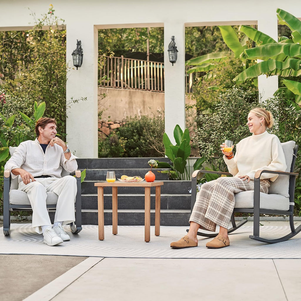NATURAL EXPRESSIONS Glider Rocking Chair Bistro Set, 3 Pieces Outdoor Patio Furniture Conversation Set with 2 Rocker Chairs, 1 Table and Thick Cushions for Backyard, Porch, Balcony, 350lbs, Grey.