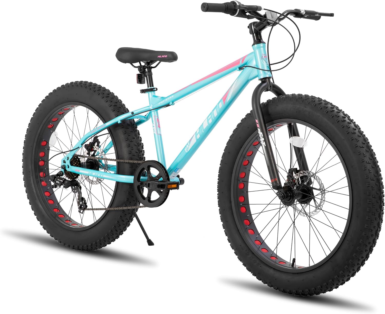 HILAND 24 26 Inch Fat Tire Mountain Bike for Men and Women, High Carbon Steel Frame Beach and Snow Wide Tire Adult Bicycle, 7-Speed and Dual-Disc Brake MTB