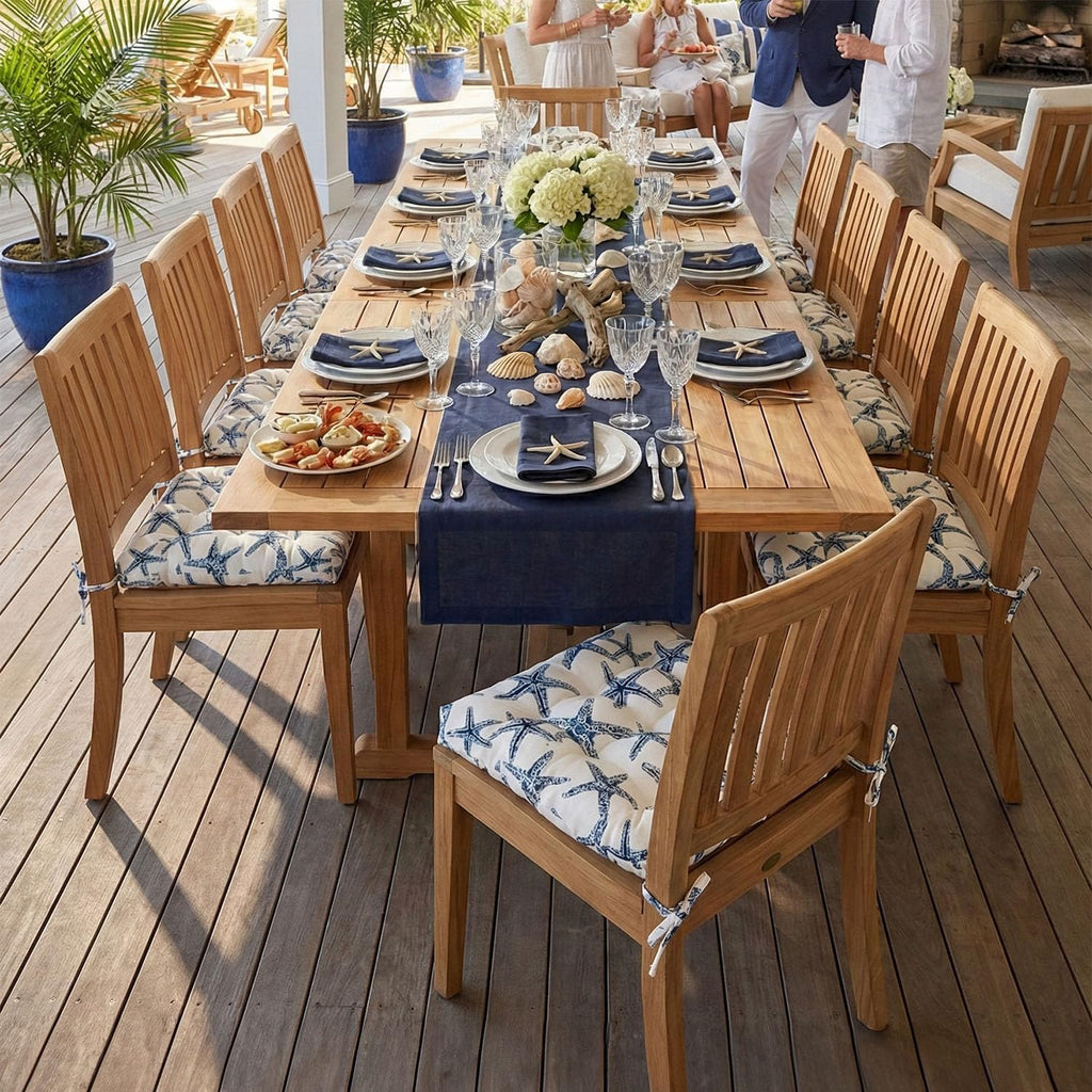 Barnett Home Decor Indoor Outdoor Dining Chair Cushions - 16.5 x 18 Patio Chair Cushions - Fade Resistant, Weather Resistant, Made in USA - Sea Shore Starfish Navy Blue (Pack of 4) Coastal