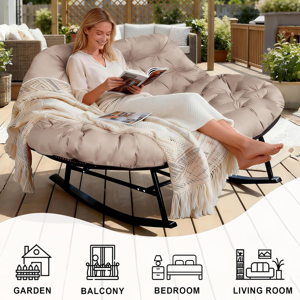 Double Outdoor Rocking Papasan Chair, 2-Person Oversized Loveseat Rocker, Thickened Soft Cushion & Rattan Wicker Frame, for Patio, Garden, Balcony Relaxation (Waterproof Fabric,Beige)