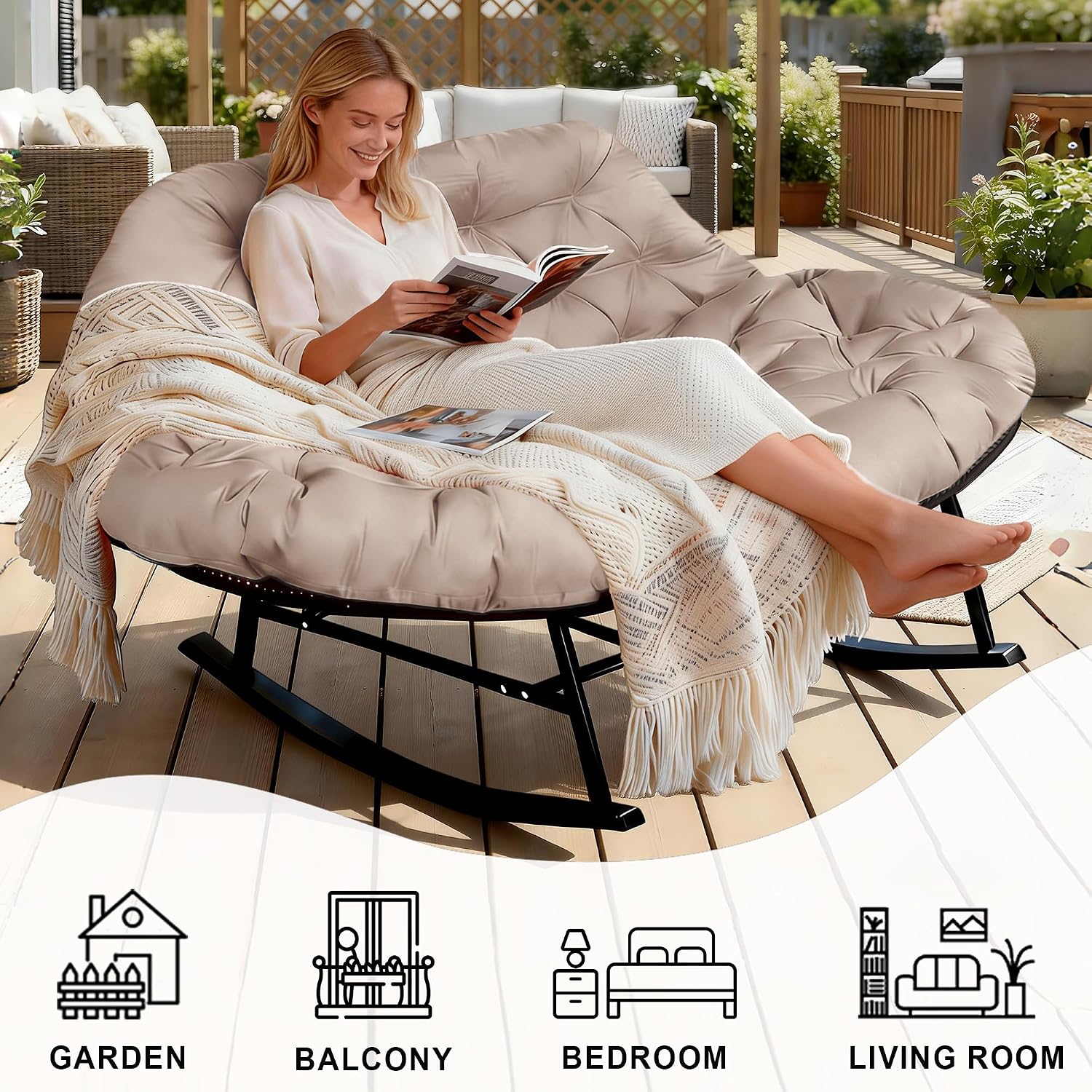 Double Outdoor Rocking Papasan Chair, 2-Person Oversized Loveseat Rocker, Thickened Soft Cushion & Rattan Wicker Frame, for Patio, Garden, Balcony Relaxation (Waterproof Fabric,Beige)