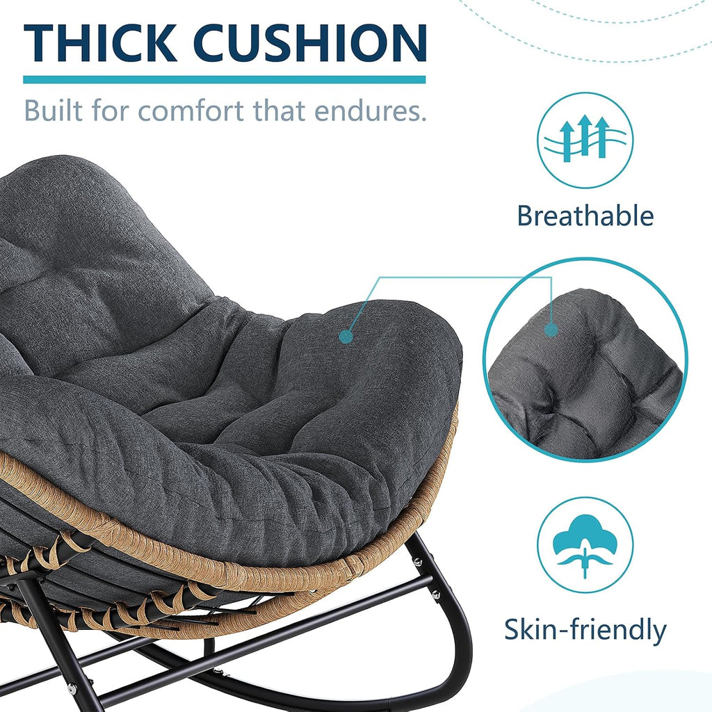 LEYCAY Outdoor Rocking Chair, Oversized Papasan Chair, Indoor Comfy Lounge Rocker with Cushion for Patio, Living Room, Porch, Balcony-Dark Grey